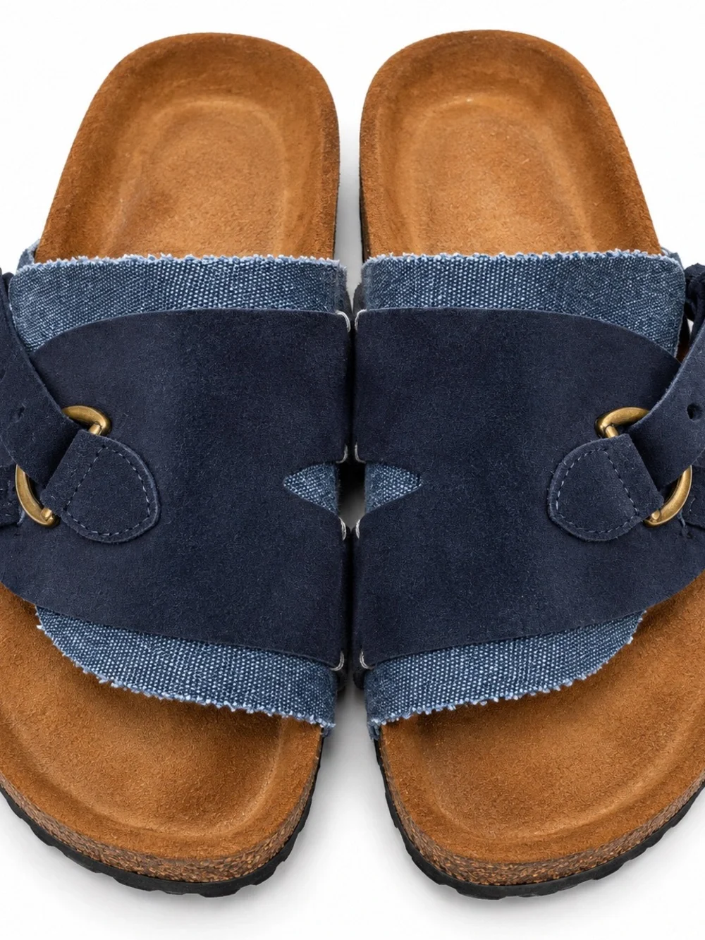 Sundance Navy Suede Denim Cork Slide Sandal Bronze Buckle Birkenstock Style NEW